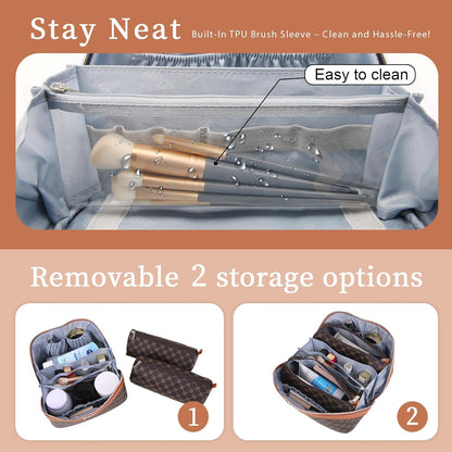 BOYATU Travel Makeup Bag Cosmetic Bags for Women: 3 Pcs Set Large Portable Make up Bag with Handle - Vegan Leather Toiletry Bags with Compartments - Makeup Organizer for Travel Essentials(01-Coffee)