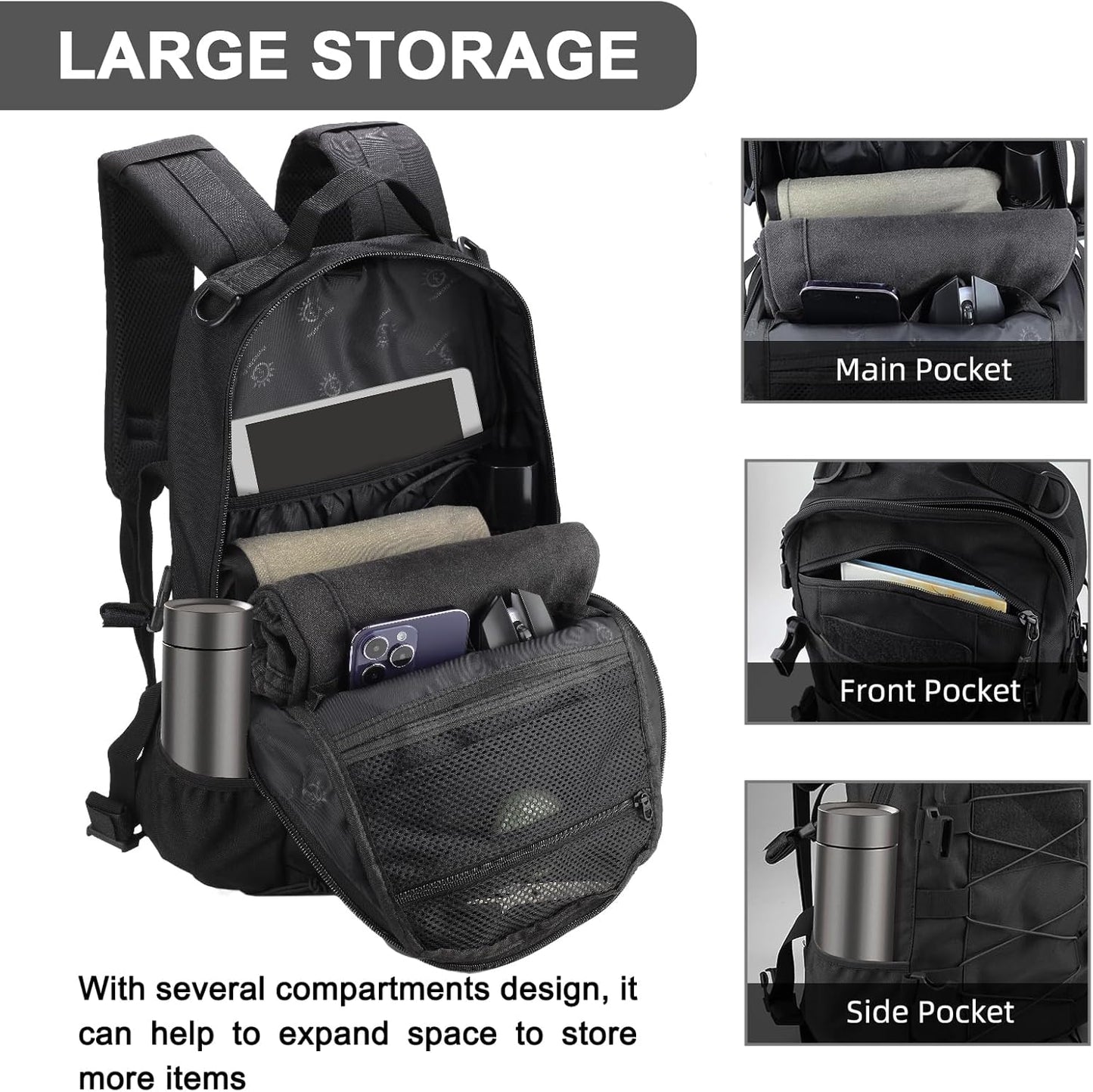 25L Hiking Backpack Small Tactical Backpack Daypack Camping Trekking Hunting Molle Pack for Men Women, Black