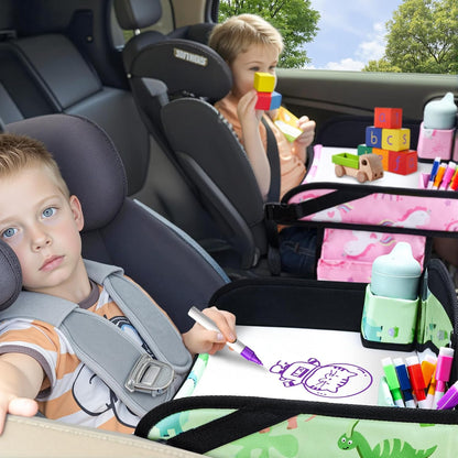 2PCS Kids Travel Tray, Car Seat Tray for kids Travel, Toddler Road Trip Essentials With Drawing Kit, Toddler Lap Desk Organizer for Car, Carseat Table for Airplane