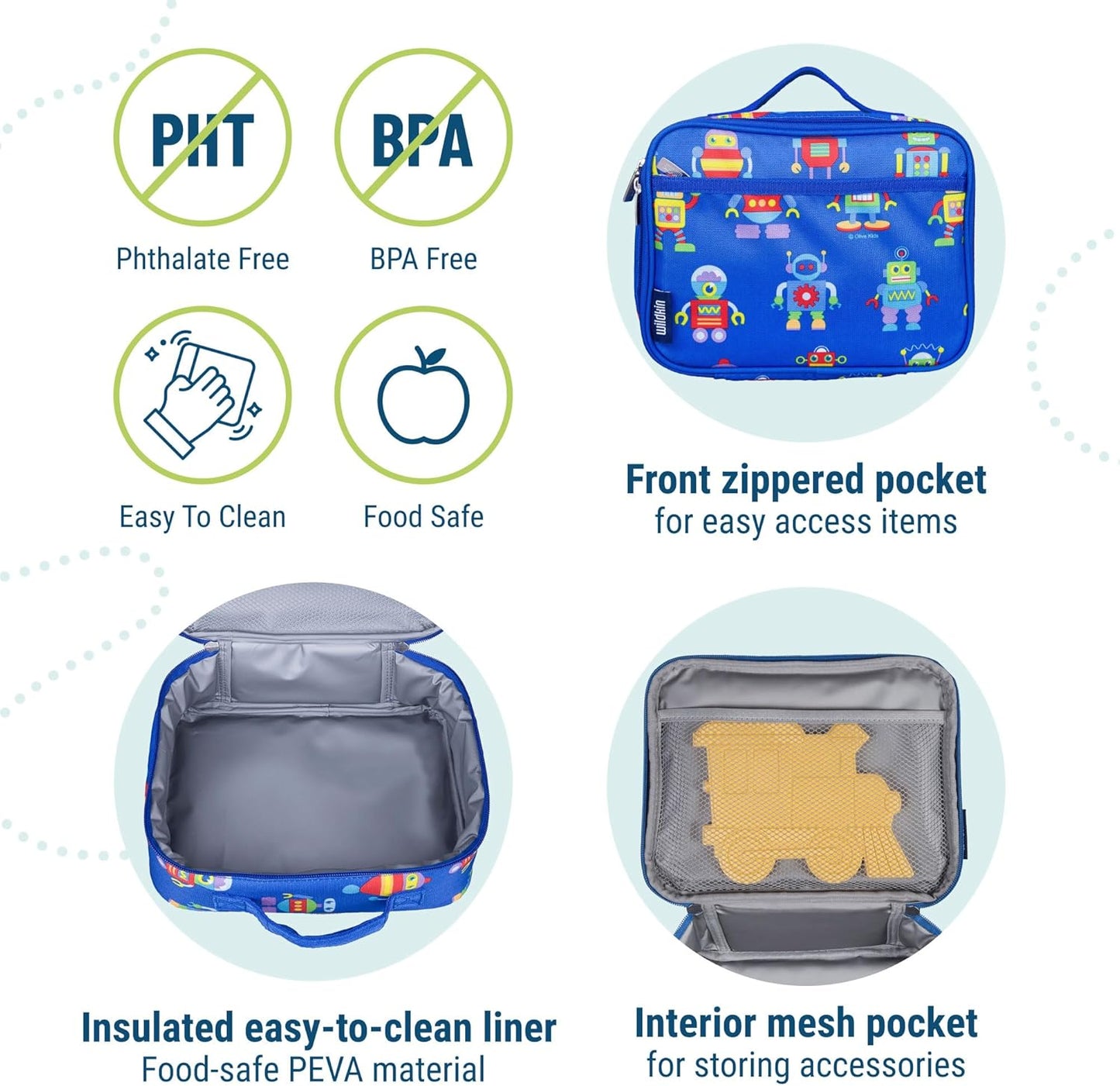 Wildkin Kids Insulated Lunch Box – Durable and Reusable for School & Travel - Robots