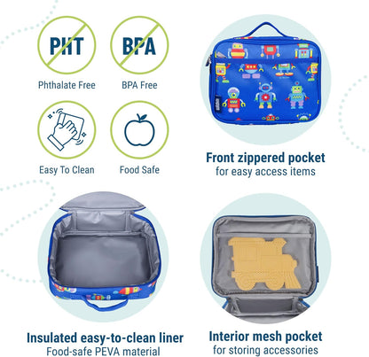 Wildkin Kids Insulated Lunch Box – Durable and Reusable for School & Travel - Robots