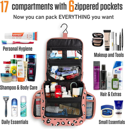 VENTURE 4TH Hanging Travel Toiletry Bag for Women & Men - Travel Organizer with Expandable Compartments & Removable Clear Pouch for Toiletries (Pink Cheetah)