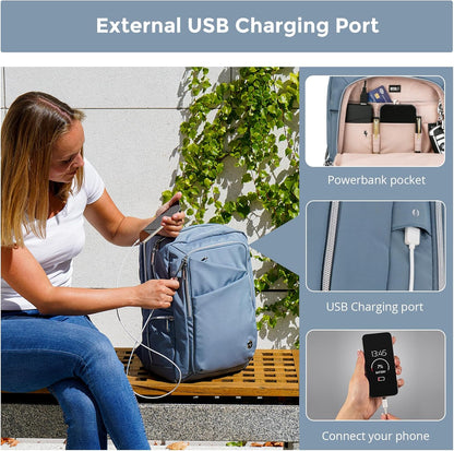 Swissdigital Design Women's Backpack for Work/Travel/Leisure with USB Charging Port, Water Bottle Holder, Separate Sunglass Pocket - Fits 15.6 inch Laptop,Blue | KATY ROSE
