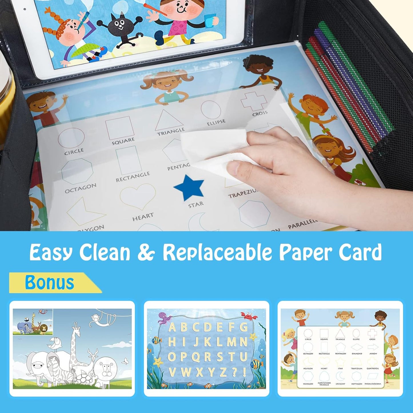 MENZOKE Kids Travel Tray, Travel Tray for Kids Car Seat with Educational Drawing Board, Tablet Holder & Cooler Cup Holder, Portable Road Trip Essentials Child's Gifts for Car Trip, Airplane, Black