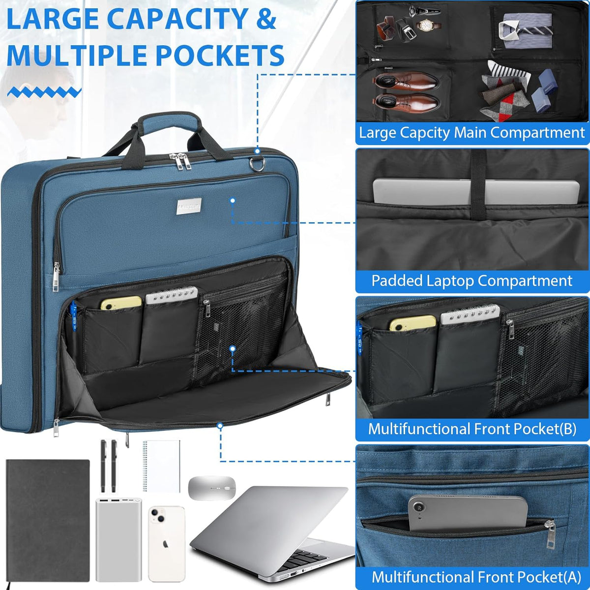 AKOZLIN Travel Luggage Garment Bag Foldable Hanging Suit Bag with Shoulder Strap For Men Women Business Blue