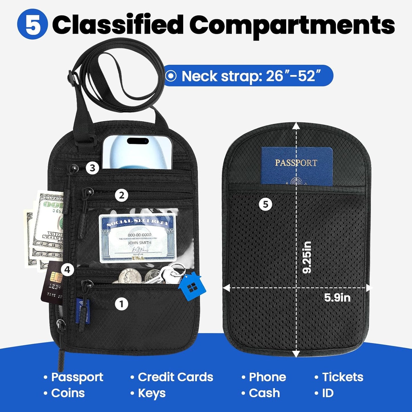 Passport Holder For Travel Family: Neck Wallet Passport Pouch Travel Document Organizer Porta Pasaporte Multiple Passport Holder Rfid Blocking, 5.9in x 9.25in, Black, W-2024