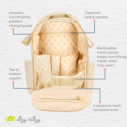Itzy Ritzy Diaper Bag Backpack – Large Capacity Boss Plus Baby Backpack Diaper Bag Featuring 19 Pockets, Changing Pad, Stroller Clips, and Comfortable Straps (Milk & Honey)