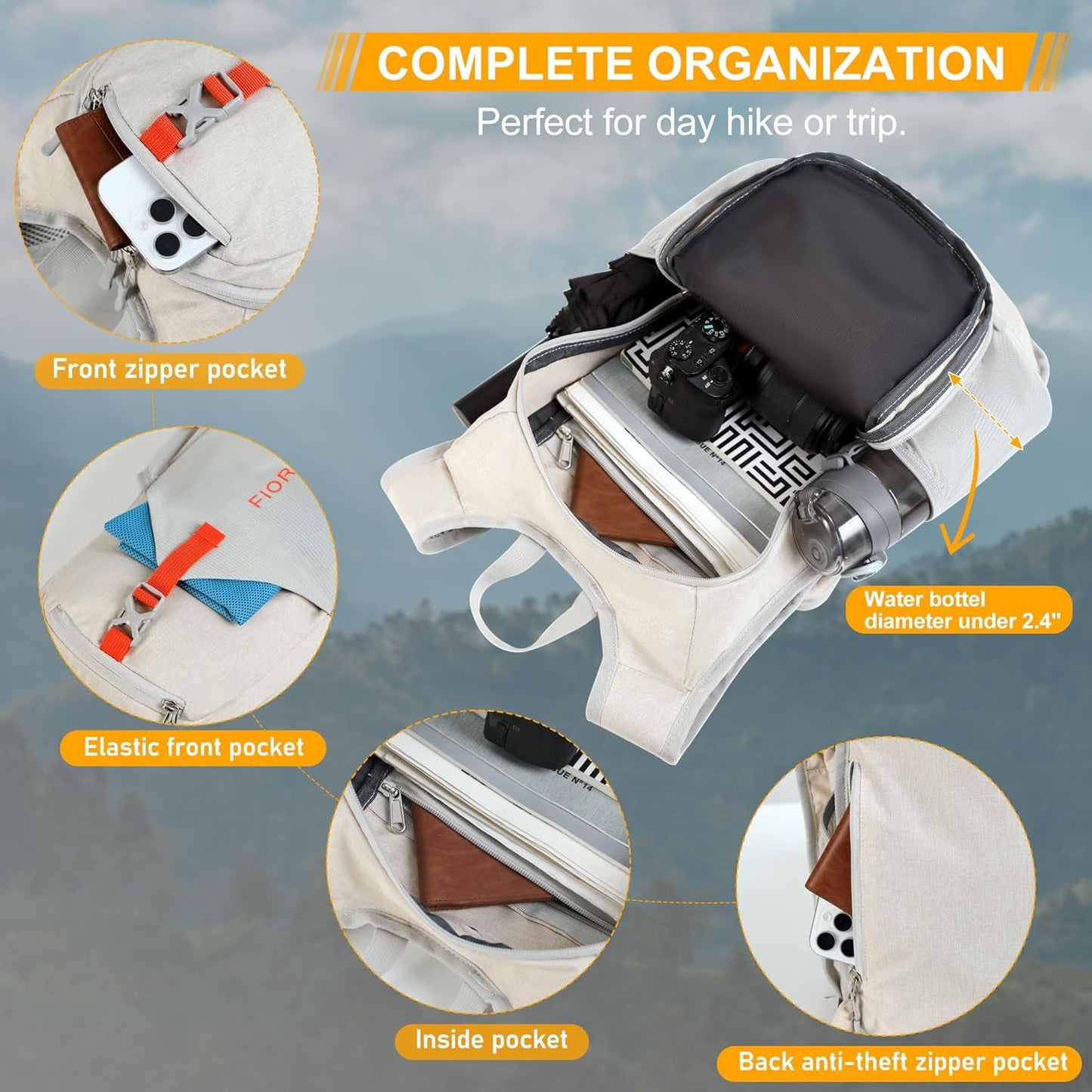 FIORETTO 15L Hiking Backpack for Women Men Mini Packable Backpack Lightweight Small Daypack for Camping Travel Outdoor, Beige