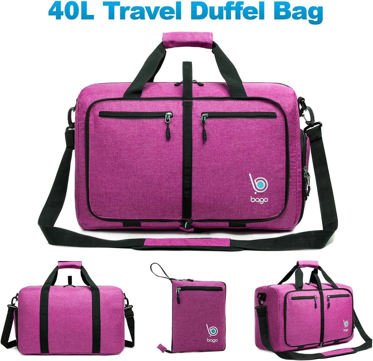 Bago Foldable Duffel Bags for Traveling Women & Men - 40L Sports Packable Duffle Bag for Travel with Shoe Compartment - Water Repellant, Heavy Duty, Lightweight Folding & Collapsible (SnowPink)
