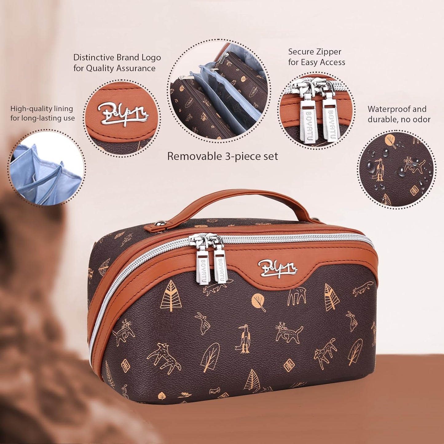BOYATU Travel Makeup Bag Cosmetic Bags for Women: 3 Pcs Set Portable Make up Bag with Handle - Vegan Leather Toiletry Bags with Compartments - Makeup Organizer for Travel Essentials(04-Brown)