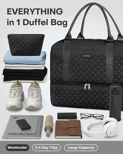 HOTOR Travel Duffel Bag - Weekender Bags for Women, Carry On Overnight Bag with Shoe Compartment, with Toiletry Bag for Travel Essentials and Travel Accessories, Black, 13.4"×17.3"×7.9"