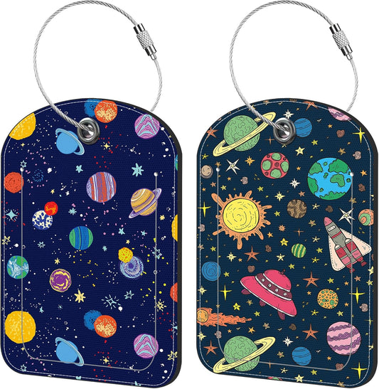 Space Planets Luggage Tag for Suitcase Set of 2 PU Leather Cute Luggage Tags with Stainless Metal Loop ID Label Privacy Flap Suitcase Tags for Women and Men Travel