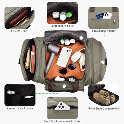 Felipe Varela 60L Duffle Bag for Men, Large Expandable Canvas Duffel Bag for Travel, Mens Carry On Luggage Bag Traveling Weekender Gym Overnight Bags for Airplanes, Green