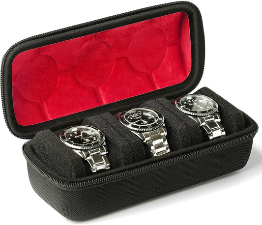 3 slots Watch travel case,Hard watch roll, travel watch case organizer holder with form-fitting pillow, red microfiber lining, fit large and small watches, perfect for travel and home.