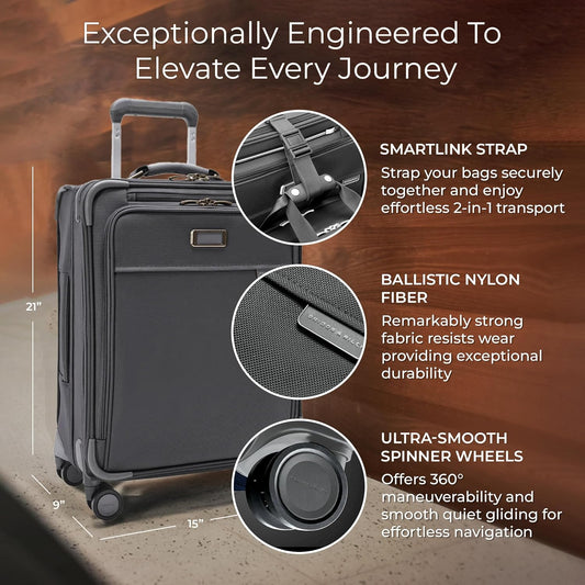 Briggs & Riley Global 21" Carry On Expandable Spinner - Luggage for Travel, Suitcases with Wheels, Softside Rolling Bag for Men & Women, Self-Repairing Zipper - Baseline Collection, Steel Gray