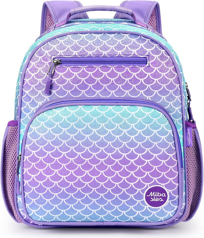 mibasies Girls Backpack 5-8: Glitter Kids Backpacks for Girls - Girl Bookbag for Elementary School - Fish Scale Purple