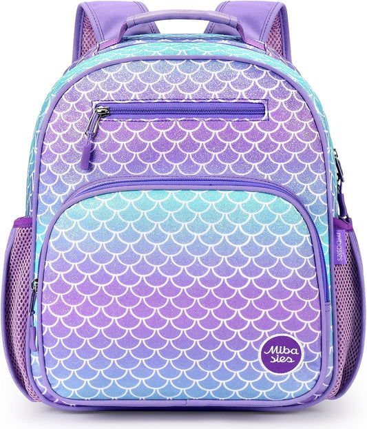 mibasies Girls Backpack 5-8: Glitter Kids Backpacks for Girls - Girl Bookbag for Elementary School - Fish Scale Purple