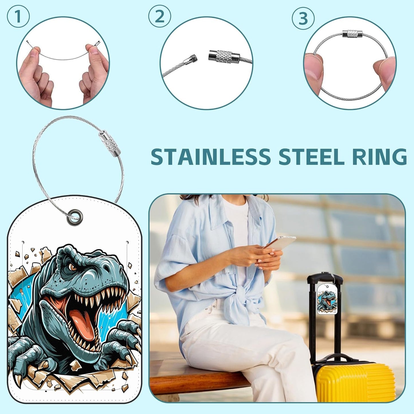 Dinosaur in The Forest Luggage Tag for Suitcase Set of 2 PU Leather Cute Luggage Tags with Stainless Metal Loop ID Label Privacy Flap Suitcase Tags for Women and Men Travel