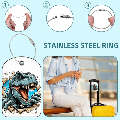 Dinosaur in The Forest Luggage Tag for Suitcase Set of 2 PU Leather Cute Luggage Tags with Stainless Metal Loop ID Label Privacy Flap Suitcase Tags for Women and Men Travel