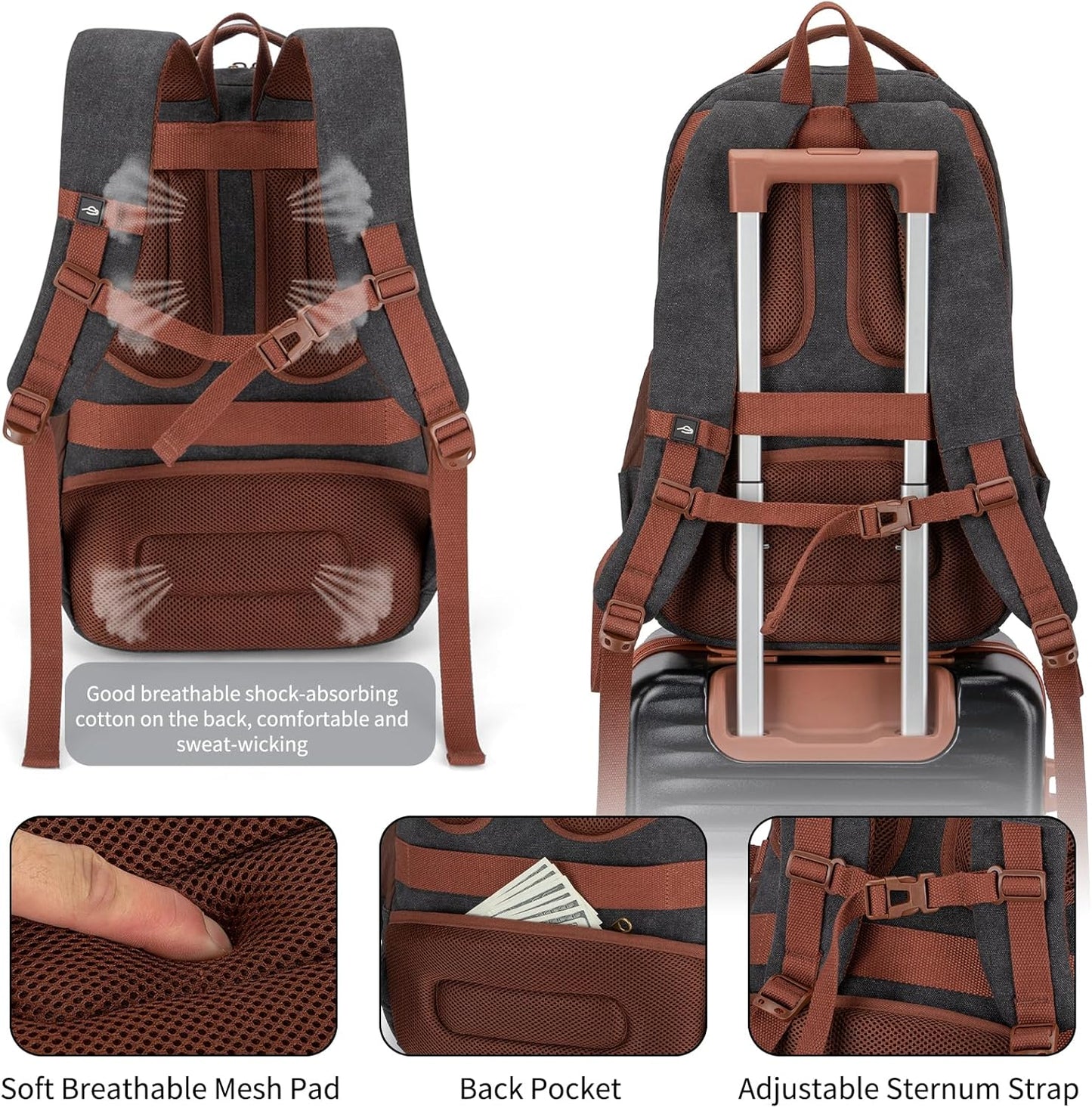 Tzowla Vintage Canvas Laptop Backpack for Men and Women,College Travel Work Rucksack with USB/Type-C Charging Port,Lightweight Bookbag Hiking Casual Daypack Backpacks Fit 15.6 Inch Notebook(Black)