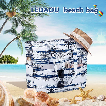 LEDAOU Large Beach Tote Bag Women Waterproof Sandproof Zipper Beach Tote Bag for Pool Gym Grocery Travel with Wet Pocket