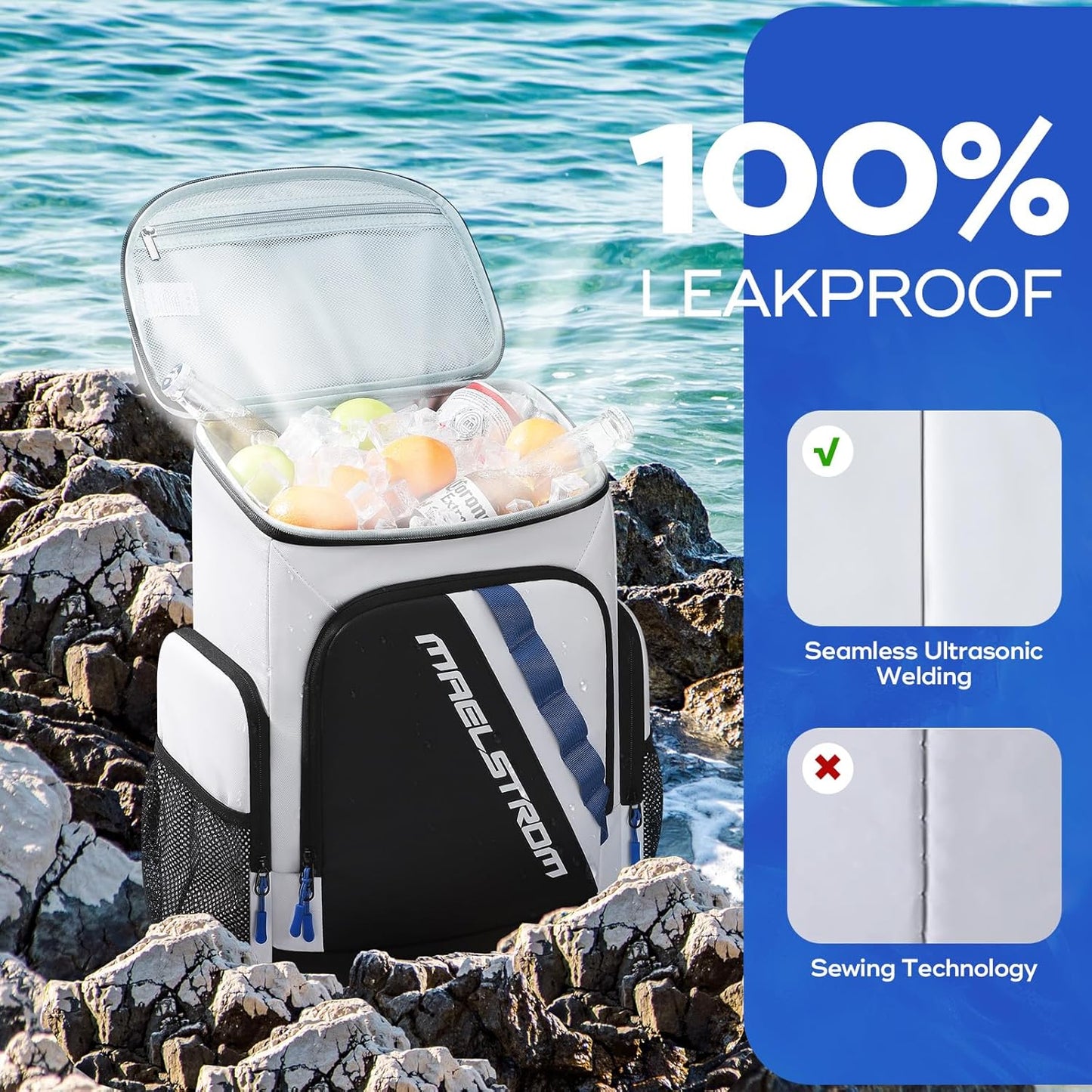 Maelstrom Backpack Cooler,36 Can Cooler Backpack,Soft Cooler Bag Insulated Leakproof,Lightweight Ice Chest Backpack,Travel Cooler Lunch Backpack for Camping,Hiking,Beach,White