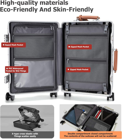 feilario 20'' Aluminum Frame Wide Handle PC Hardside Carry On Luggage - Double Spinner Wheels Luxury Rolling Travel Suitcase with TSA Lock & Cup Holder