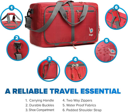 Bago Foldable Duffel Bags for Traveling Women & Men - 40L Sports Packable Duffle Bag for Travel with Shoe Compartment - Water Repellant, Heavy Duty, Lightweight Folding & Collapsible (Red)