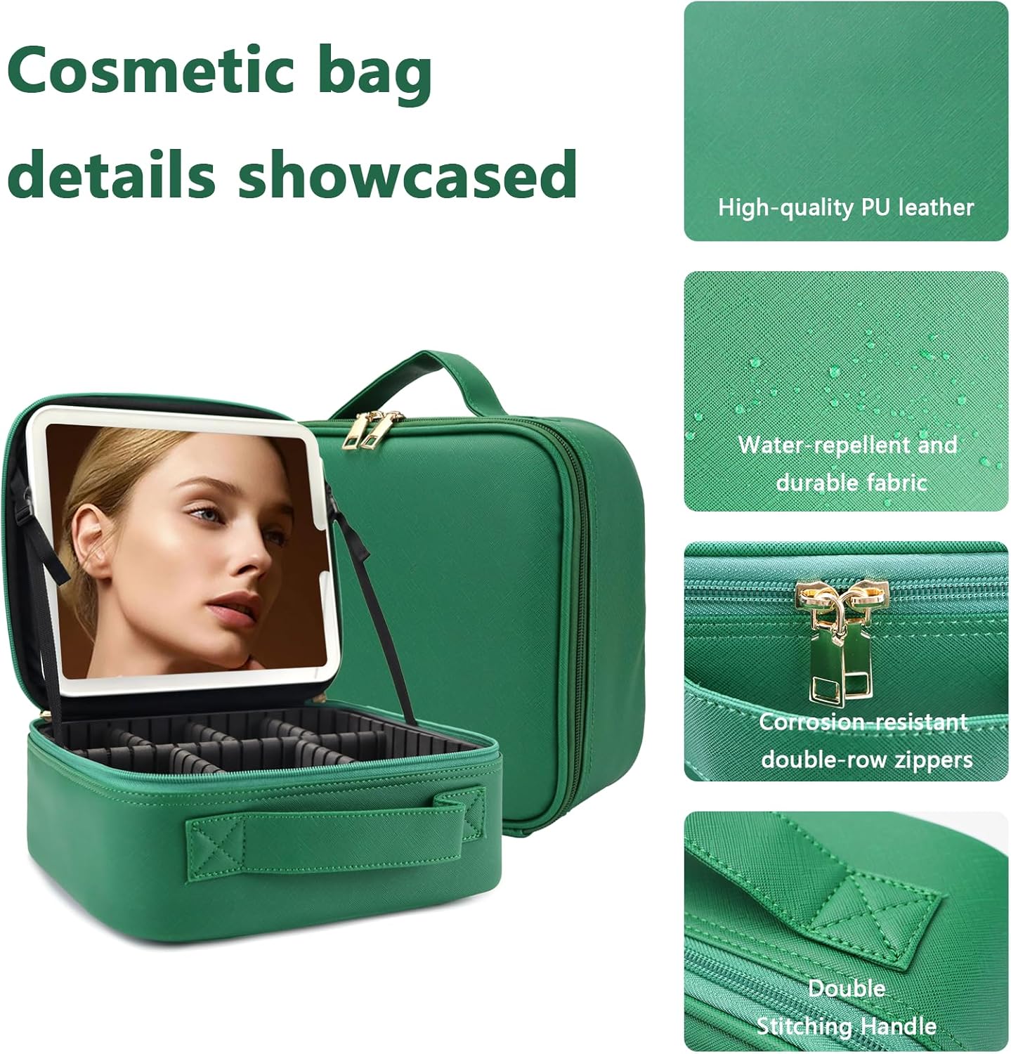 Travel Makeup Bag for Women and Makeup Artists Cosmetic Organizer Large Makeup Case,Travel Makeup Bag with Mirror 3 Color Setting,Portable Storage and Adjustable Dividers(Dark green)