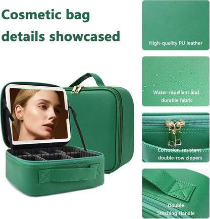 Travel Makeup Bag for Women and Makeup Artists Cosmetic Organizer Large Makeup Case,Travel Makeup Bag with Mirror 3 Color Setting,Portable Storage and Adjustable Dividers(Dark green)