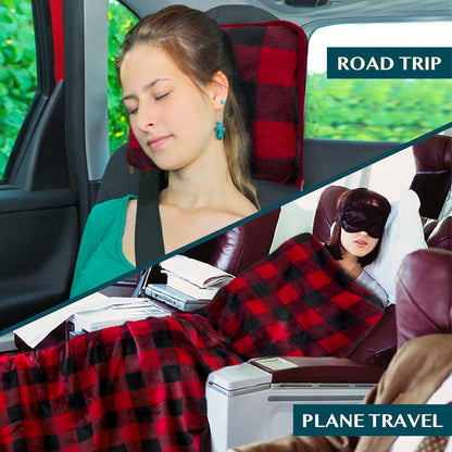 PAVILIA Travel Blanket Pillow, Soft Airplane Blanket 2-IN-1 Combo Set, Plane Blanket Compact Packable, Flight Essential Car Pillow, Travelers Gift Accessories Luggage Backpack Strap, 60x43 Checker Red