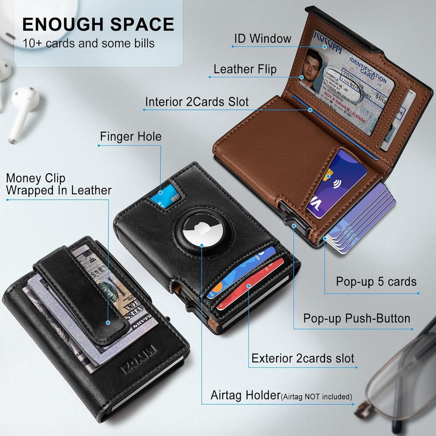 Airtag Wallet for Men,with Money Clip 10 Cards Metal Case Smart Slim Pop Up Credit Card Holder Flip with Magnetic Closure RFID Blocking wallet with Gift Box