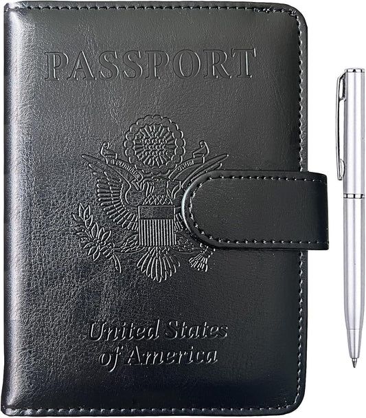 TIGARI Passport Holder for Travel Women Men, PU Leather Waterproof RFID Passport Holder Wallet Cover Case Sleeve, Family Vacation Plane Cruise Travel Document Organizer Essentials-Black