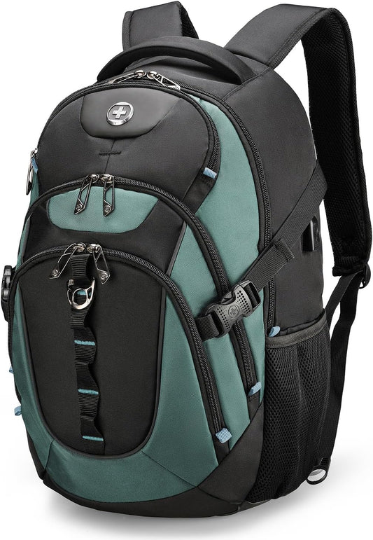 Swissdigital Design Laptop Backpack with USB Charging Port, TSA Travel Backpack Fits 15.6 inches Computer, 31L College School Backpack for Men, Lake Green/Black | SD803