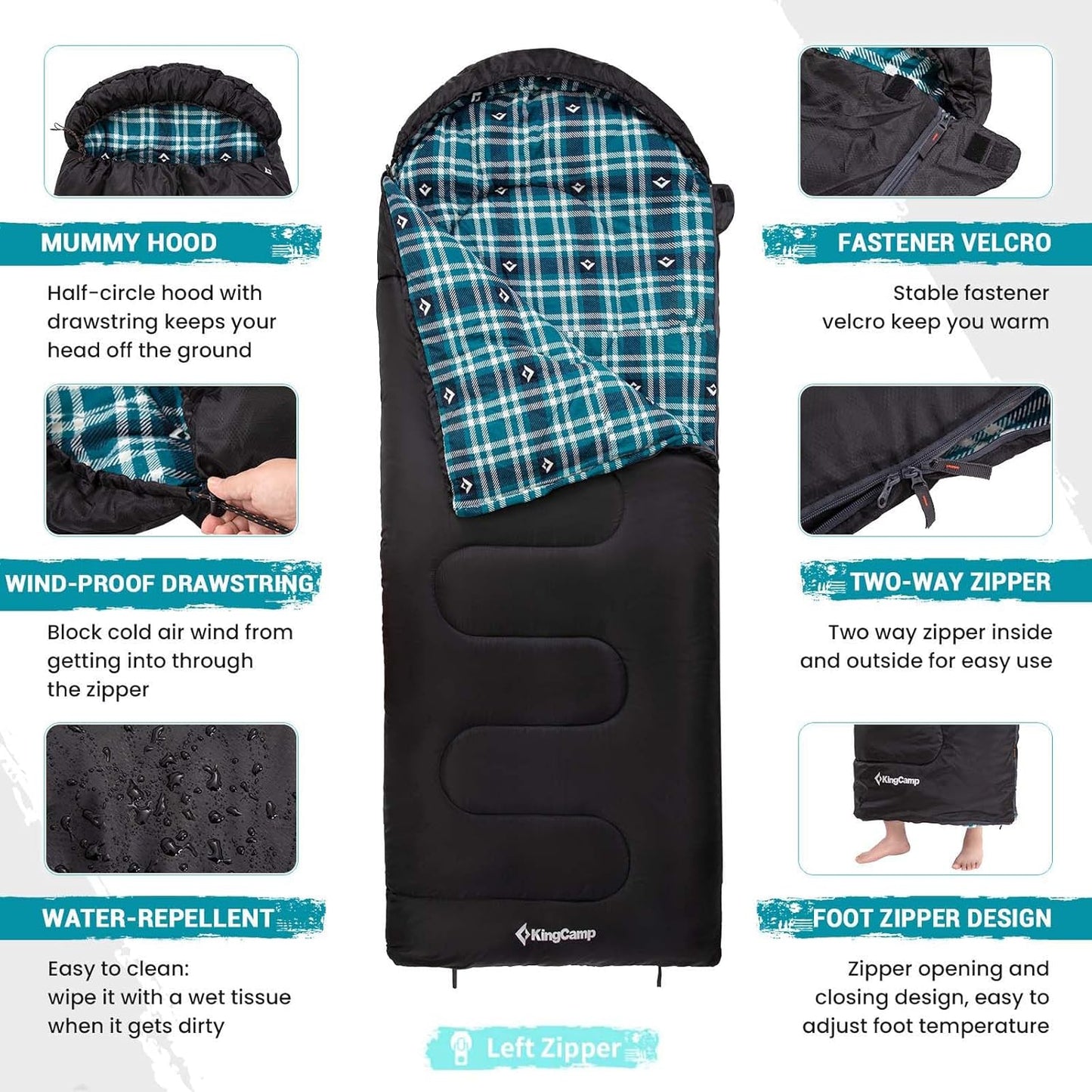 KingCamp Sleeping Bag for Adults, Cold Weather & Warm XL Big and Tall Flannel Sleeping Bags with Compression Sack Portable Waterproof Essentials Gear Accessories for Outdoor Camping