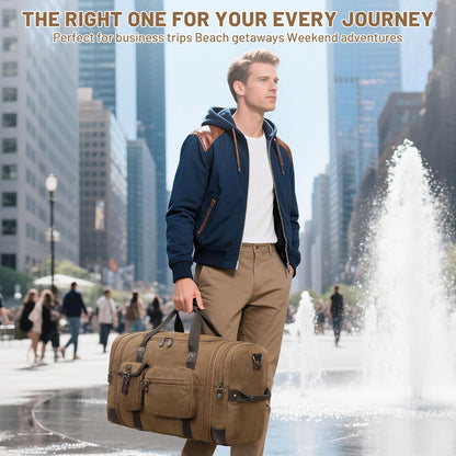 Travel Duffle Bag for Men, Heavy Duty Canvas Duffle Bag, Carryon Bags for Airplanes, Expandable Vintage Leather Overnight Luggage Weekender Bag, Waterproof Anti-tear Canvas Bag