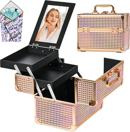 Makeup Case Organizer,Makeup Train Case, Trays Cosmetic Box Portable, Profesional for Salon Barber, Colorful Pink
