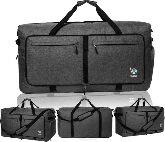 Bago Large Foldable Duffel Bags for Traveling Women & Men - 100L Packable Duffle Bag for Travel with Shoe Compartment - Water Repellant, Heavy Duty, Lightweight Folding & Collapsible (SnowBlack)
