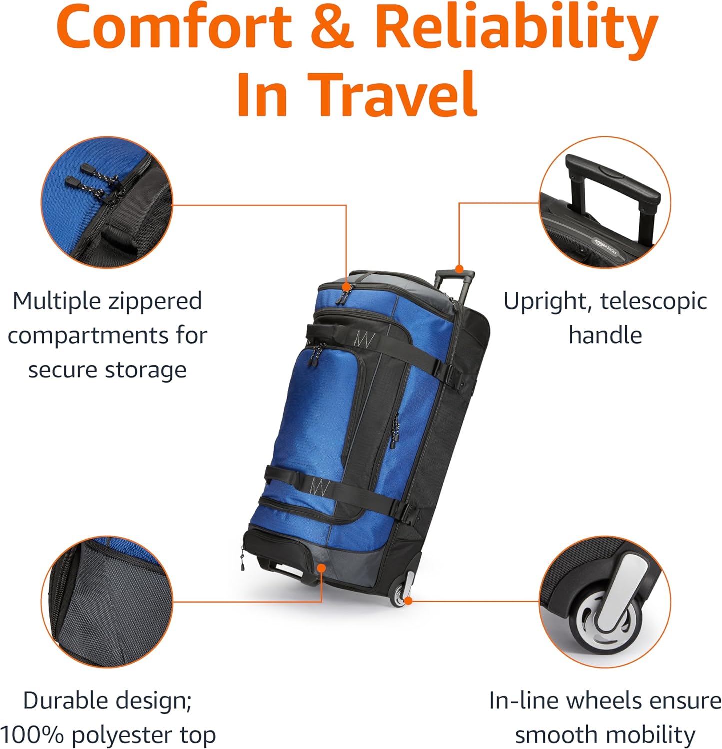 Amazon Basics 35-Inch Large Rolling Duffle Bag with Wheels and Handle, Travel Duffle Bag with Durable Ripstop Polyester Material, 2 Layers of Space, Multiple Interior and Exterior Pockets, Blue