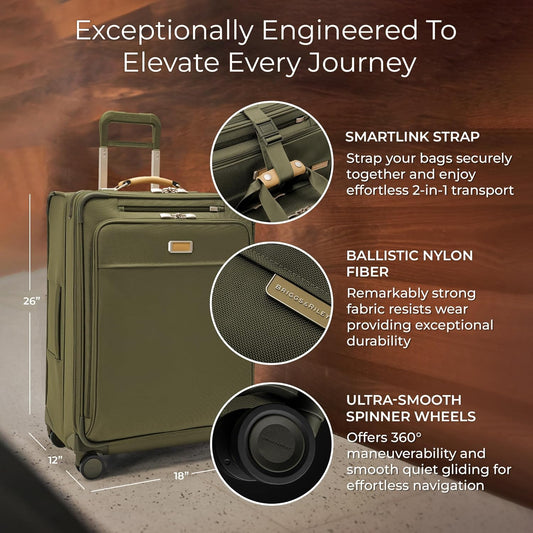 Briggs & Riley 26" Medium Expandable Spinner - Checked Luggage for Travel, Suitcases with Wheels, Softside Rolling Bag for Men & Women, Self-Repairing Zipper - Baseline Collection, Olive