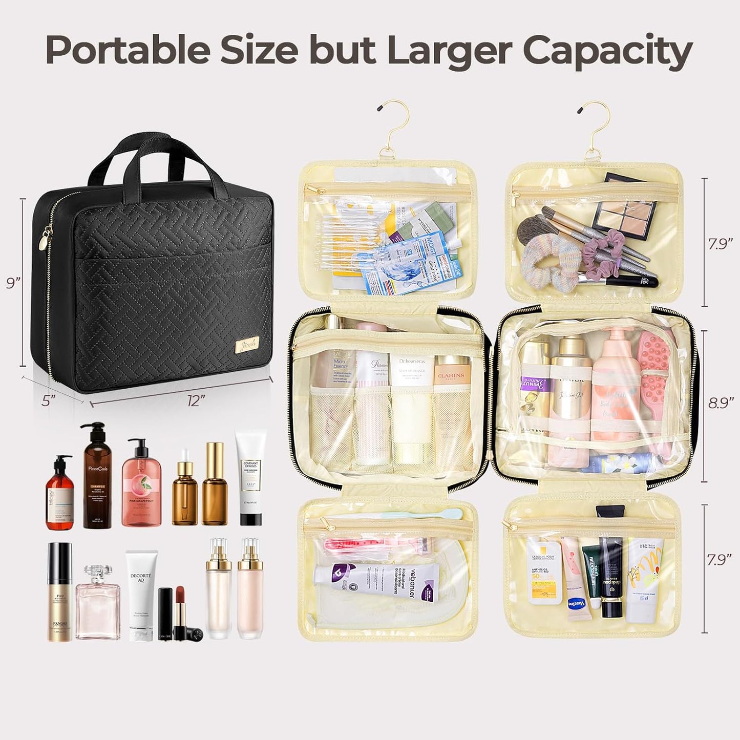 Hanging Travel Toiletry Bag for Women Detachable Toiletry Bag with 6 Compartments Large Makeup Bag Cosmetic Organizer for Bathroom Shower Business Trips Camping，Black