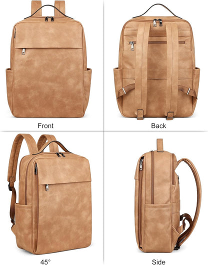 MASINTOR 15.6 inch PU Leather Laptop Backpack Purse for Women, Large College Casual Backpack Travel Bag Retro Camel