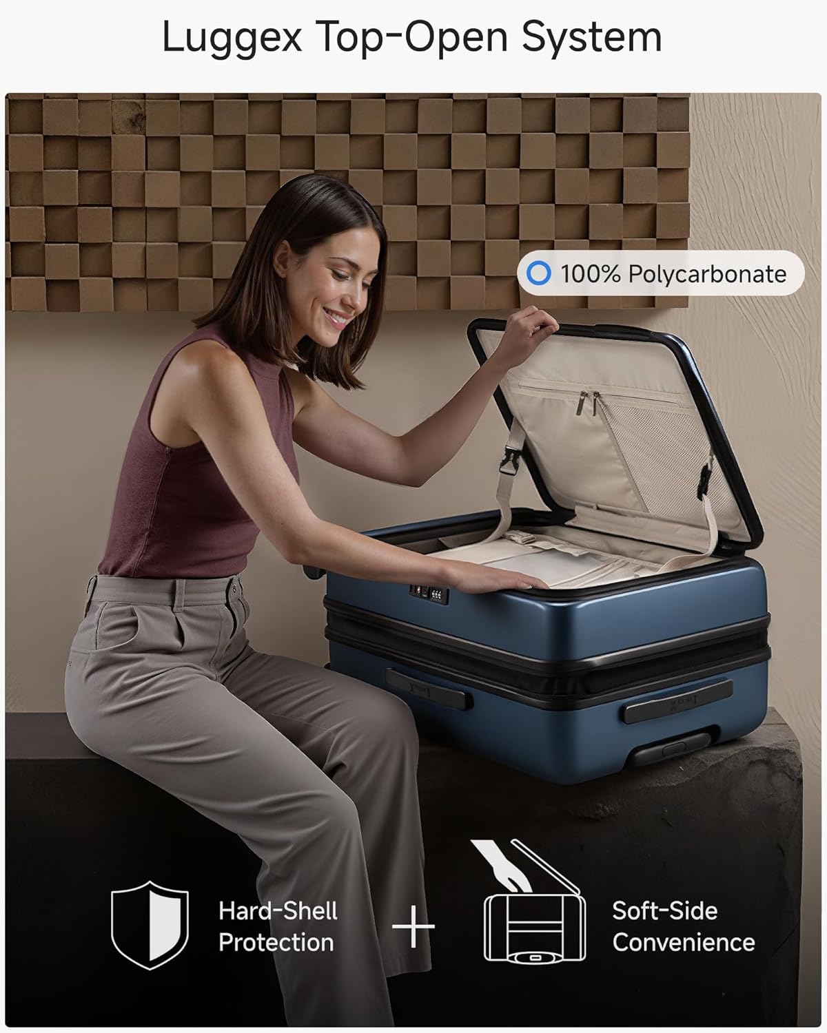 Checked Luggage Top Opening, FLT Expandable Polycarbonate Hard Shell Suitcase with Wheels (FLO-Lite, Blue, 24 Inch, 63L-70L)