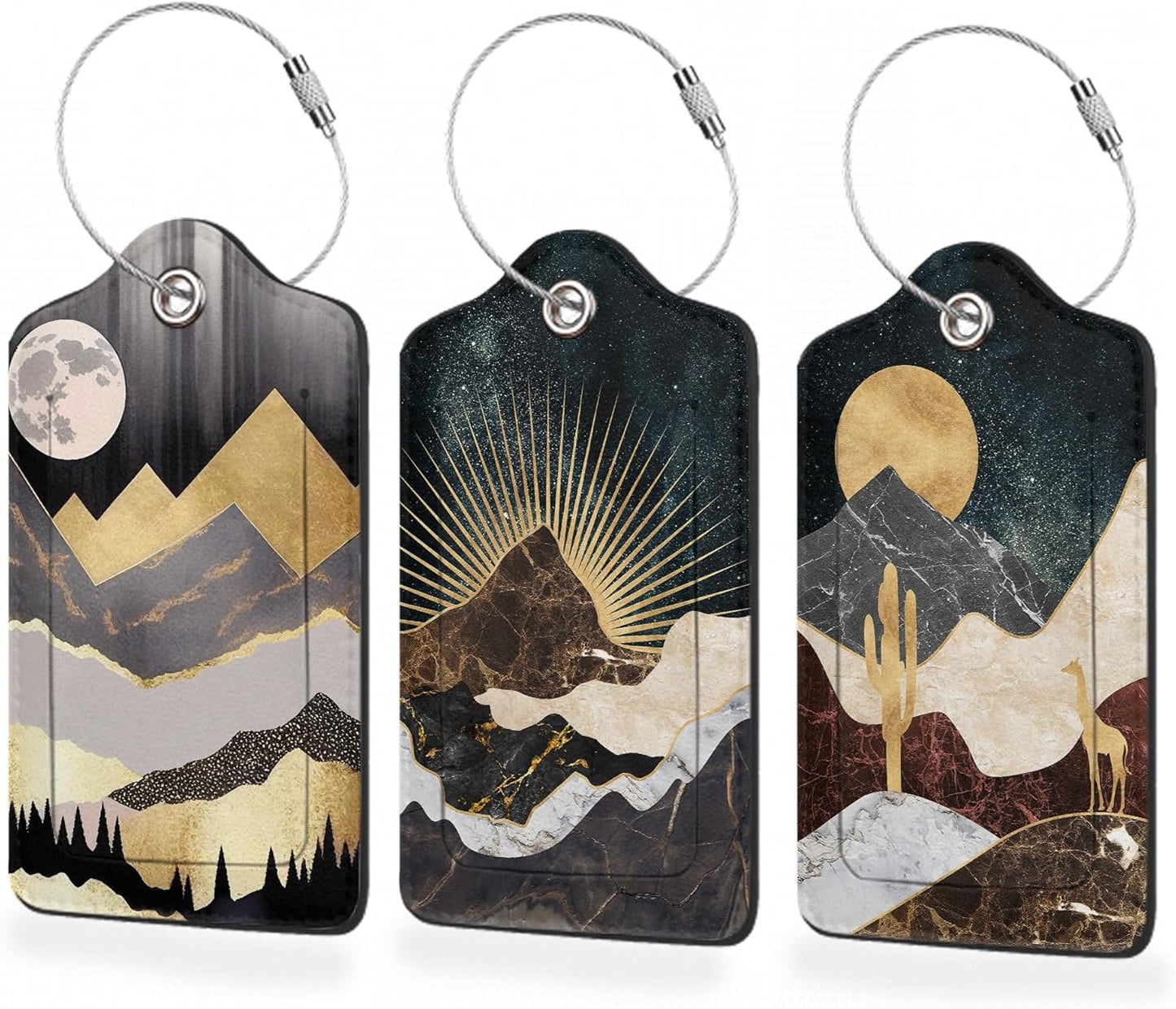 3 Pack Luggage Tag for Suitcase,Abstract Golden Mountain Leather Luggage Tags with Privacy Cover Name ID Label Identifiers Travel Bag Tags for Women Men Boys Girls