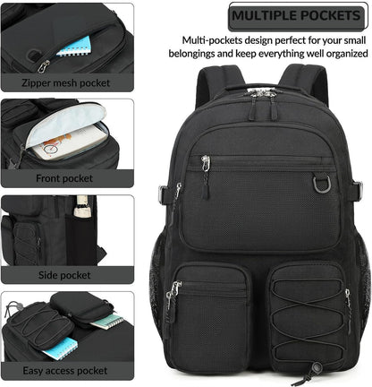 Lohol Water Resistant Daypack with Mulitiple Pockets for School Travel Outdoor College, 15.6 inch Laptop Backpack for Men and Women (Black)