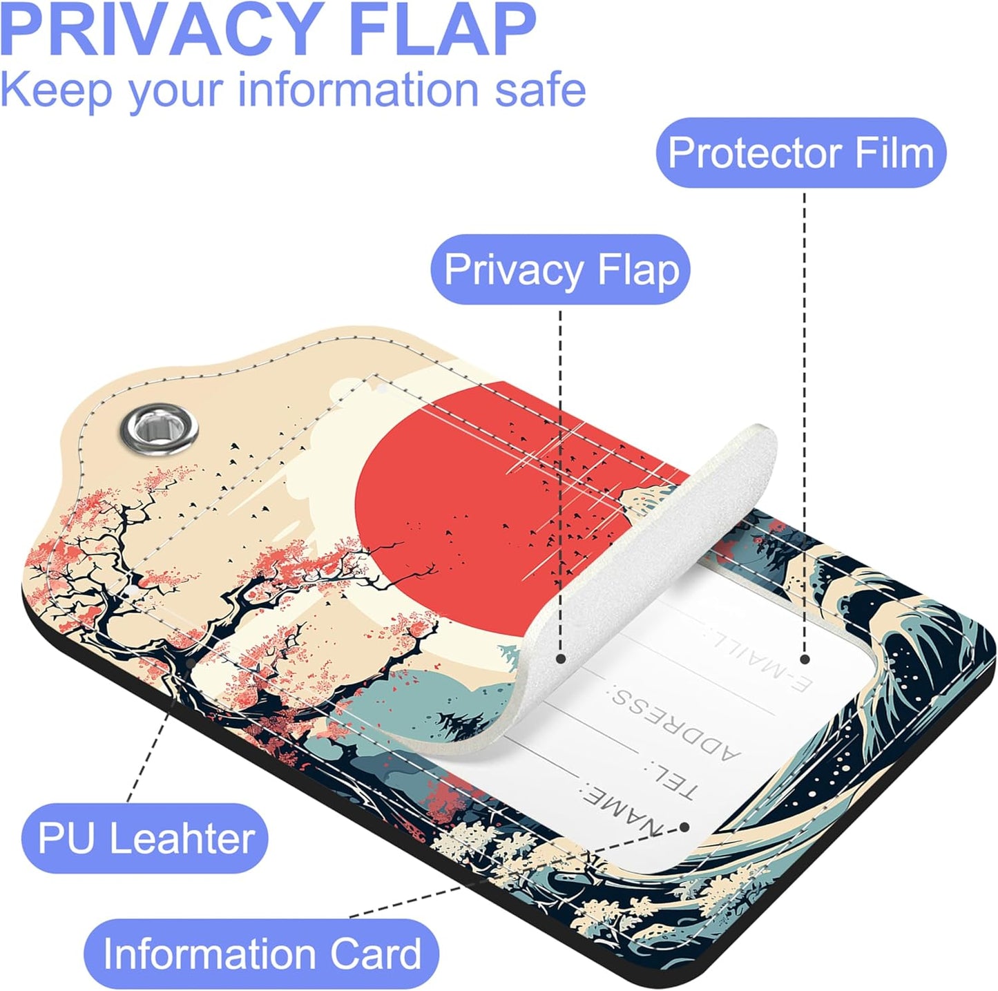 2 Pack Luggage Tags Mountains Clouds Waves Natural Landscape PU Leather Baggage Tag with Privacy Cover Stainless Steel Loop and Name ID Card for Men Women Travel Bag Luggage Accessories