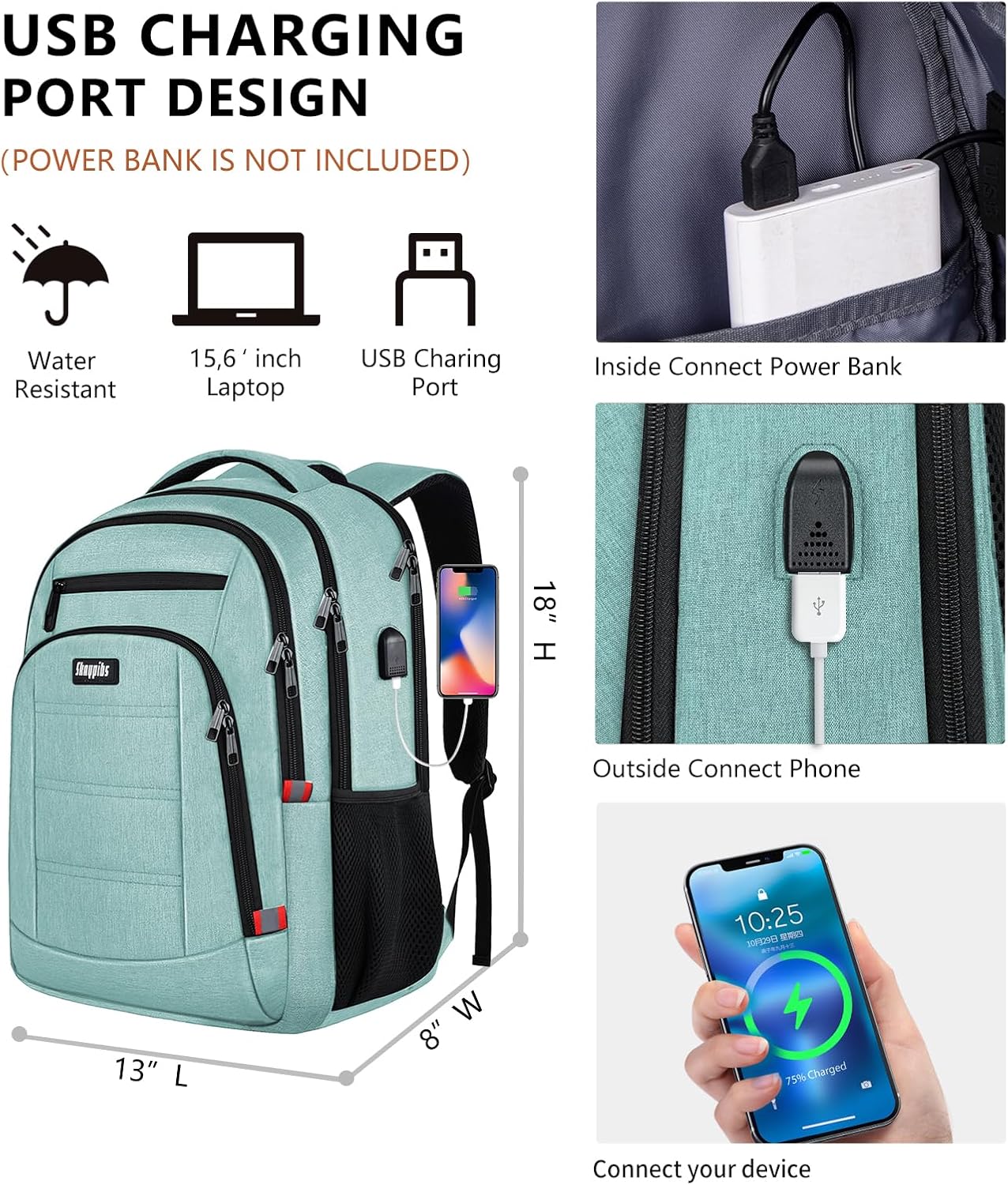 Backpack for Women Men, Travel School Backpacks for Teen Boys, Bookbag with USB Charging Port, Anti Theft College Backpack Fits 15.6 Inch Laptop, Casual Work Business Back Pack, Cyan