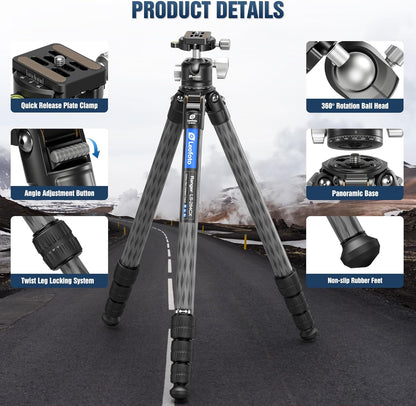 Carbon Fiber Tripod for Camera with 360° Panoramic Ball Head, 67" Compact Lightweight Travel Tripod for DSLR Video Camcorder, Max Load 10kg/22lbs