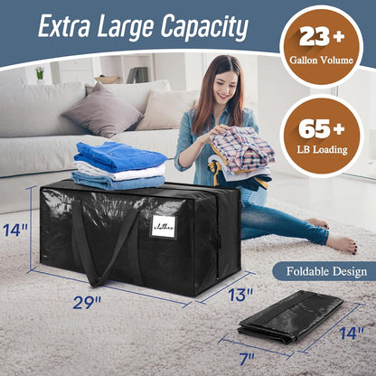 12 Pack Extra Heavy Duty Large Moving Bags with Strong Zipper & Comfortable Handles, Sturdy & Durable Clothes Storage Bags Totes Bins, Packing Moving Boxes for College Supplies, Black