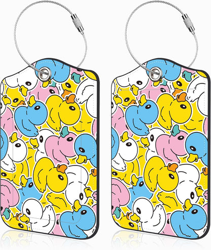 2 Pcs Cute Duck Luggage Tags for Suitcases PU Leather Baggage Tags Name ID Label with Privacy Cover and Stainless Steel Loop for Men Women Travel Bag Suitcase